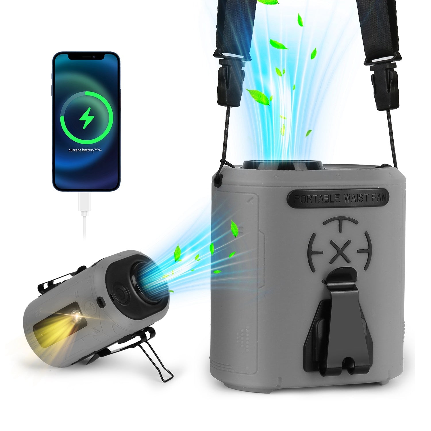 5-in-1 Portable Waist Clip Fan with LED & Power Bank